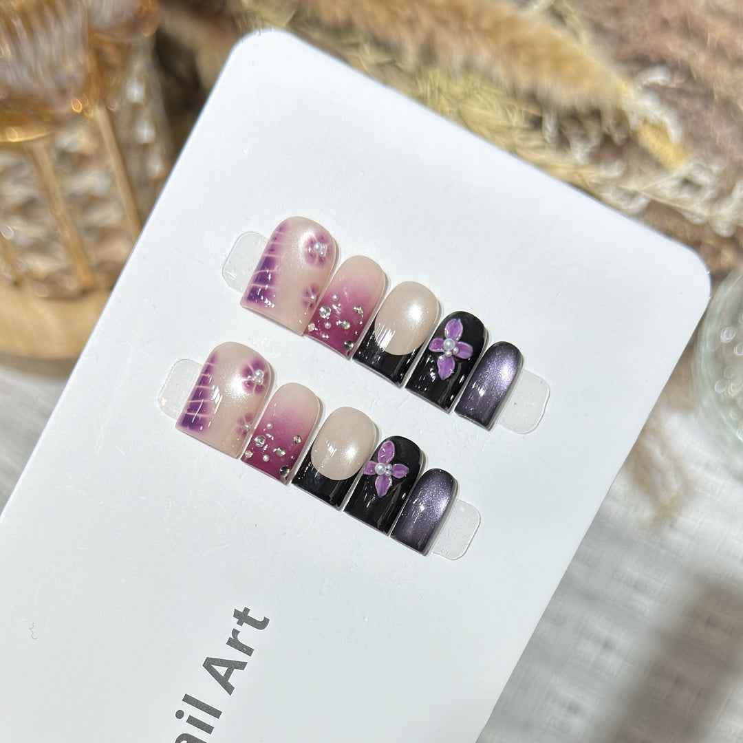 Decorative Press-On Nail Art Set with Floral and Gem Accents Bowlift