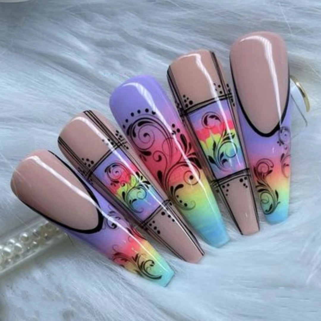 Fake nails with creative gradient colors and floral patterns Bowlift