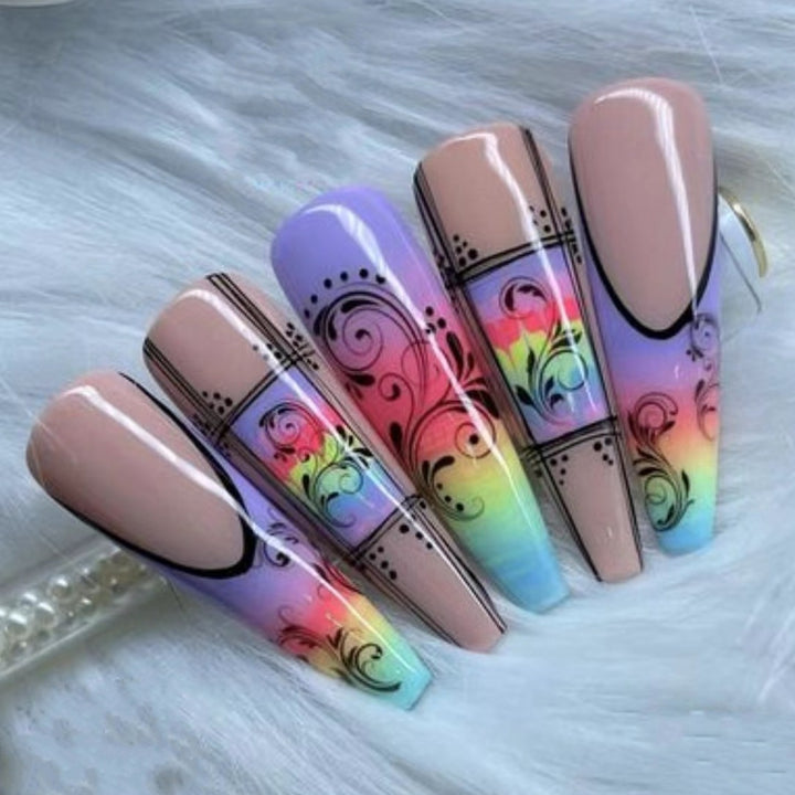 Fake nails with creative gradient colors and floral patterns Bowlift