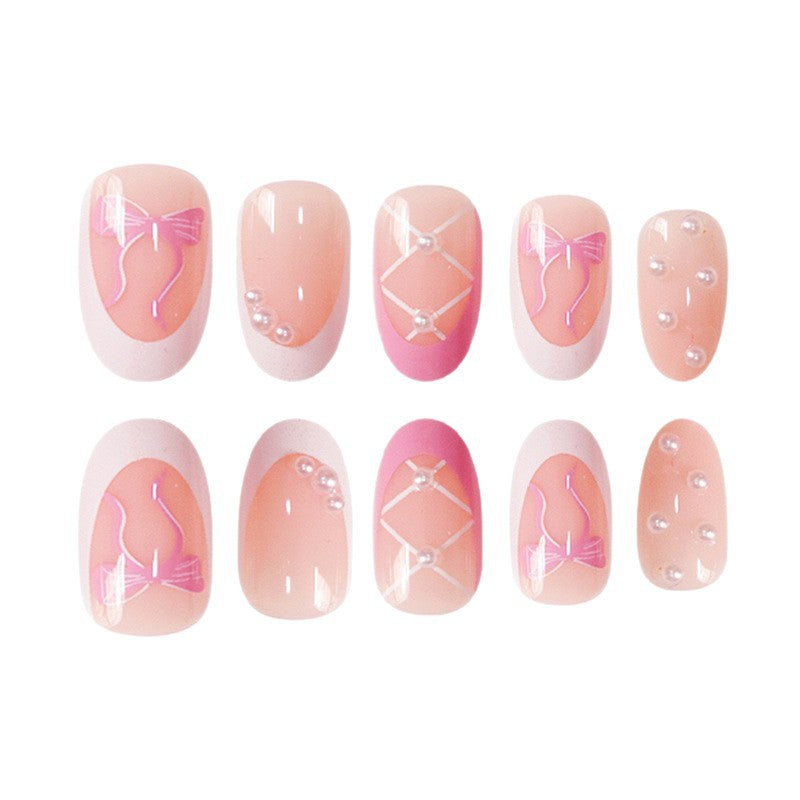 Elegant Decorative Press-On Nail Set with Bow and Pearl Accents Bowlift