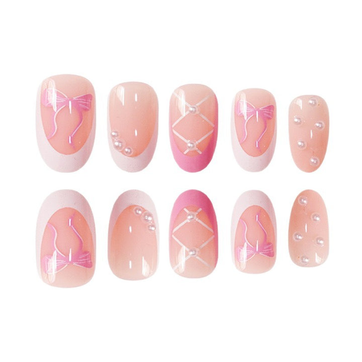 Elegant Decorative Press-On Nail Set with Bow and Pearl Accents Bowlift