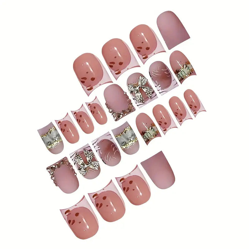 Decorative Gold-Accented Press-On Nail Art Bowlift
