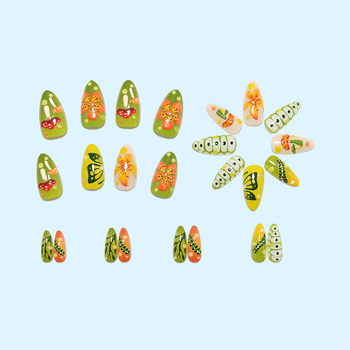 Artificial nails in forest style with floral and mushroom-shaped designs Bowlift