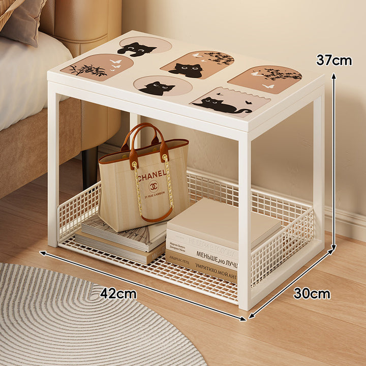 Decorative Mosaic Tile Top Side Table with Lower Mesh Storage Basket