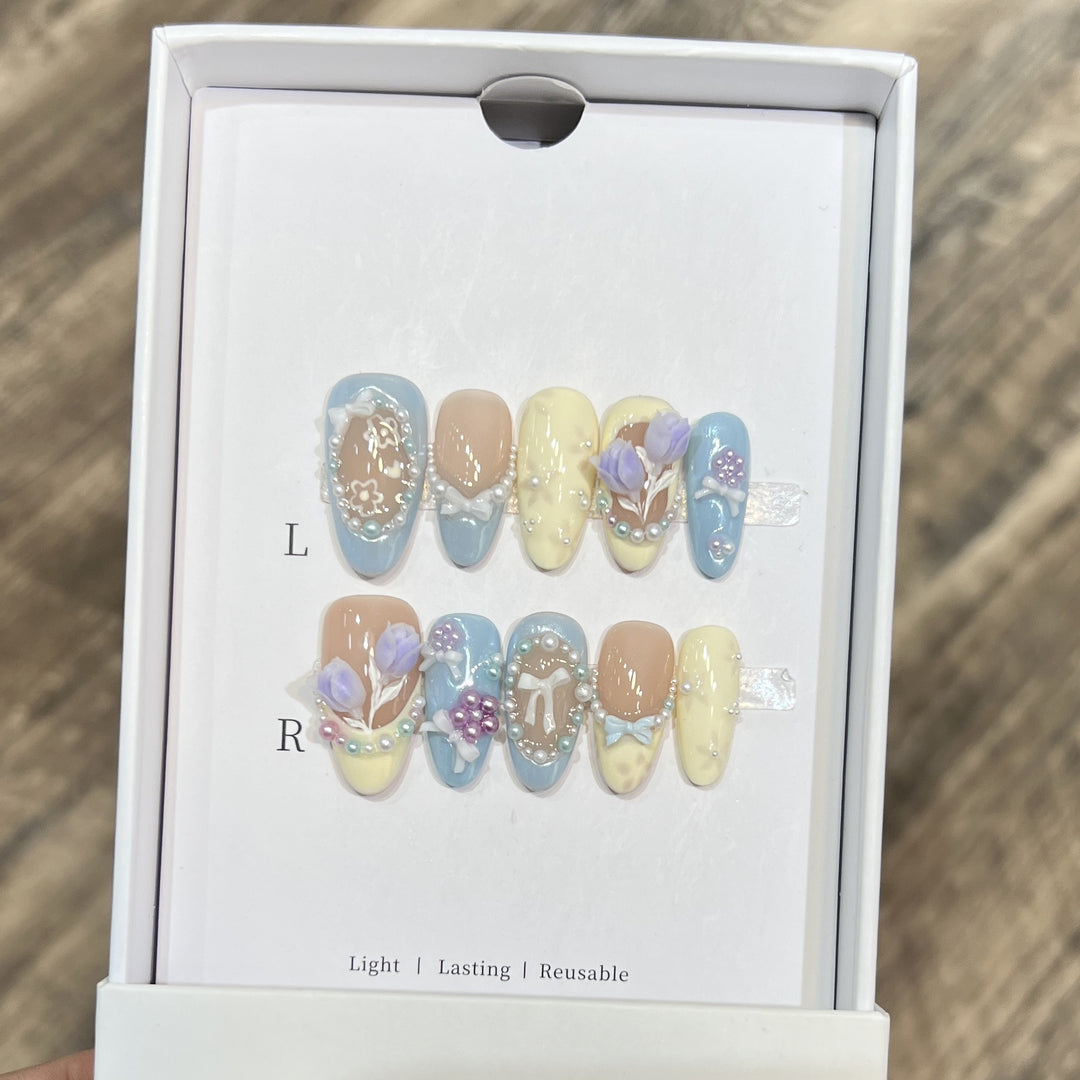 Artistic Floral-Accent Press-On Nails Bowlift