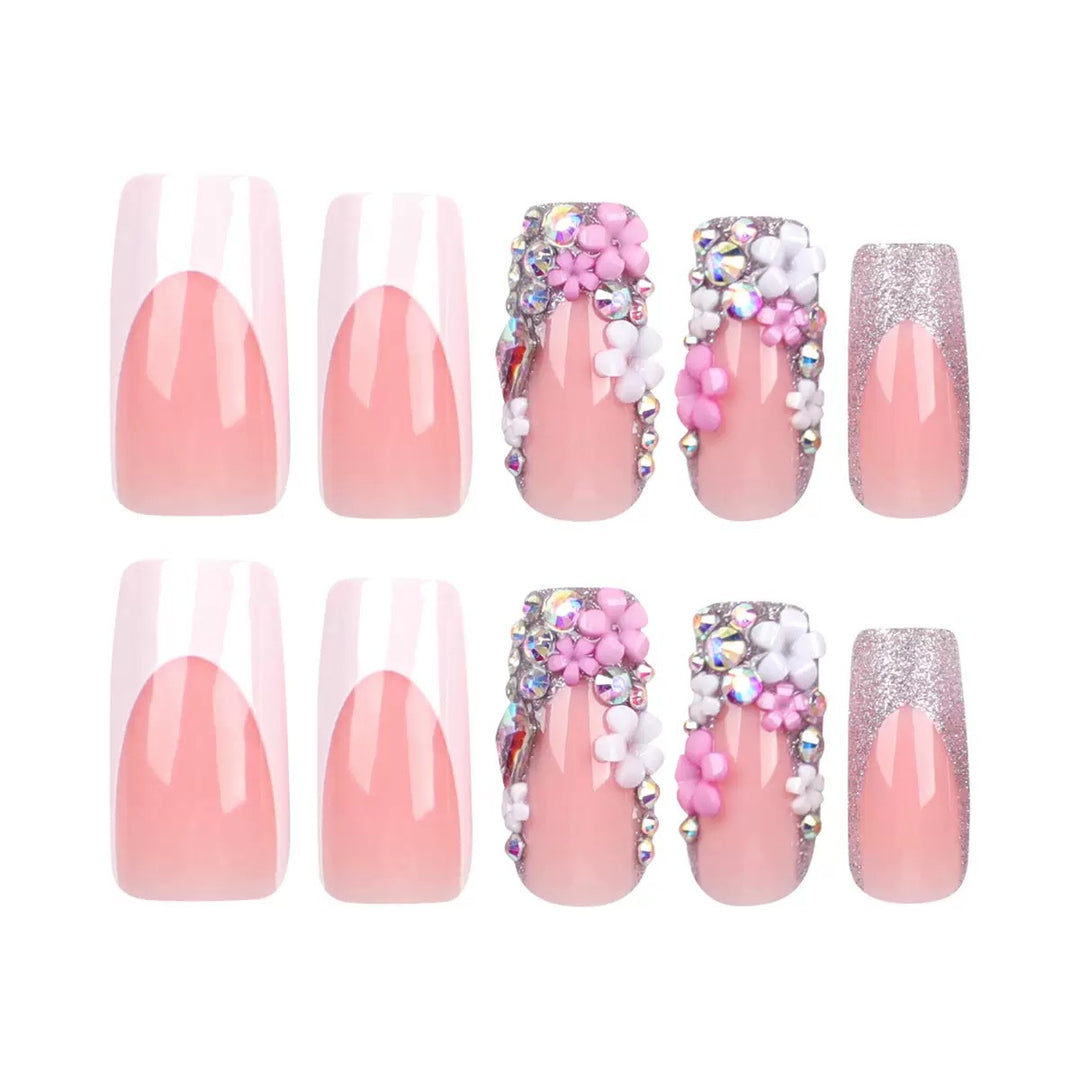 Artificial nail set with elegant 3D flowers and glitter embellishments Bowlift