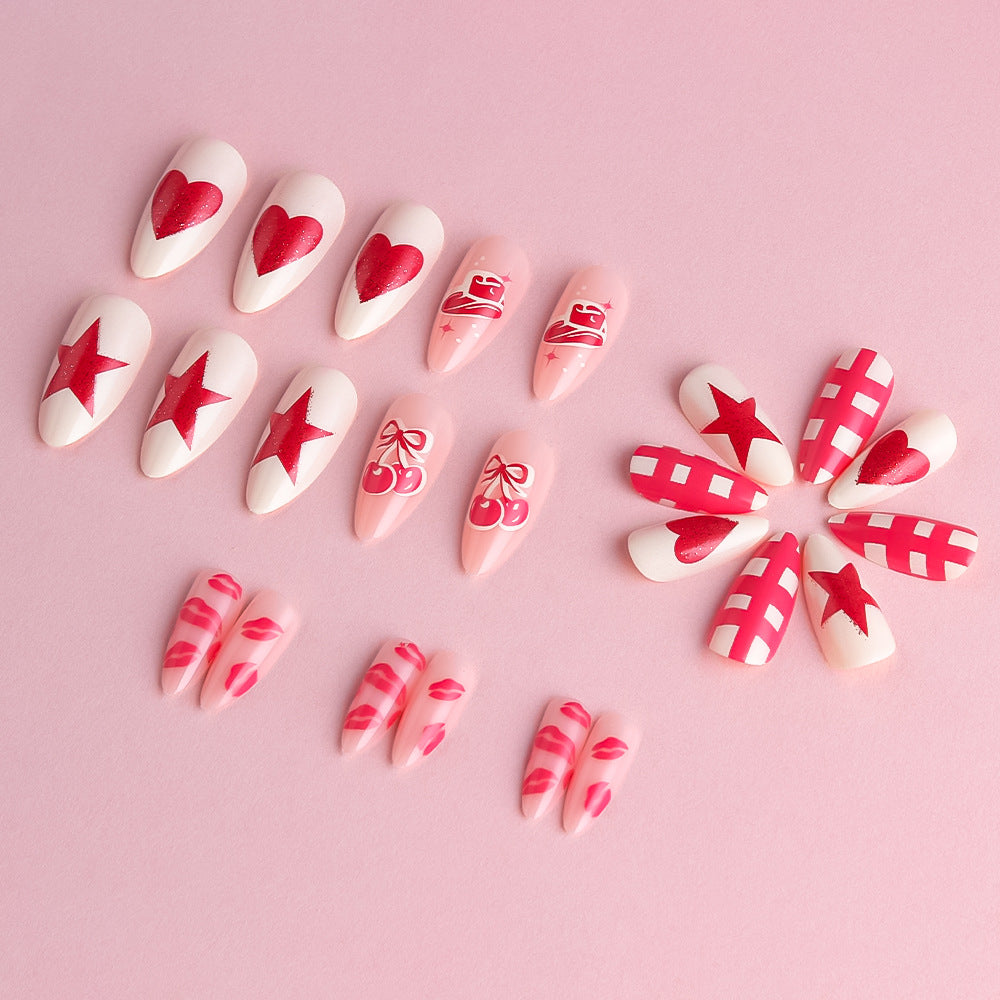 Artistic Press-On Nail Art Set with Heart and Star Designs Bowlift
