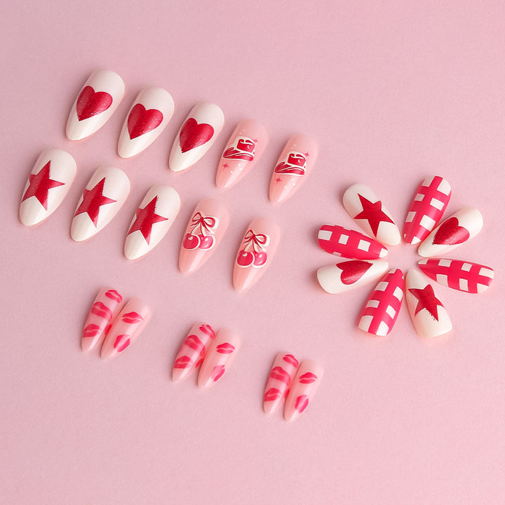 Artistic Press-On Nail Art Set with Heart and Star Designs Bowlift