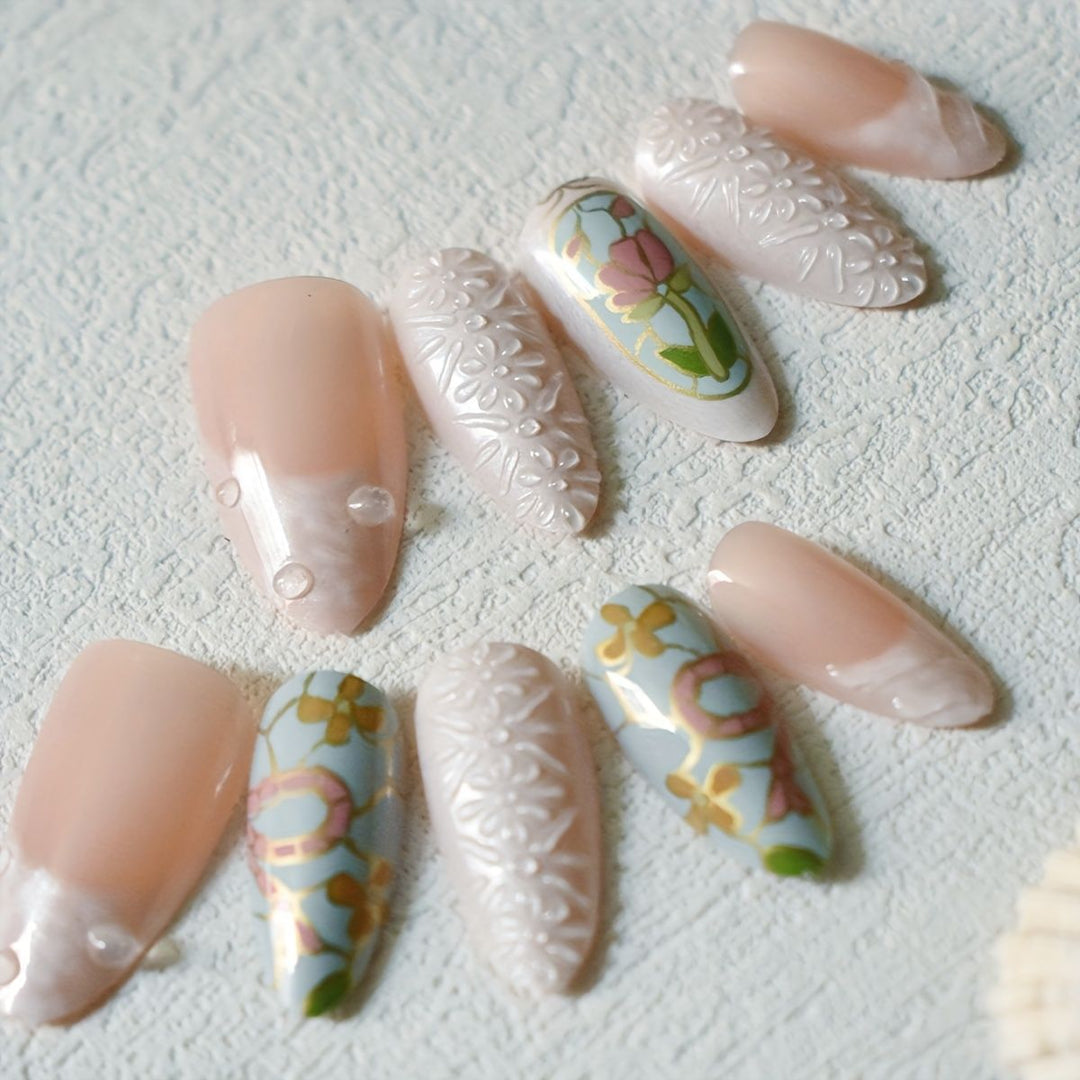 Artistic Floral and Gemstone Press-On Nail Set Bowlift