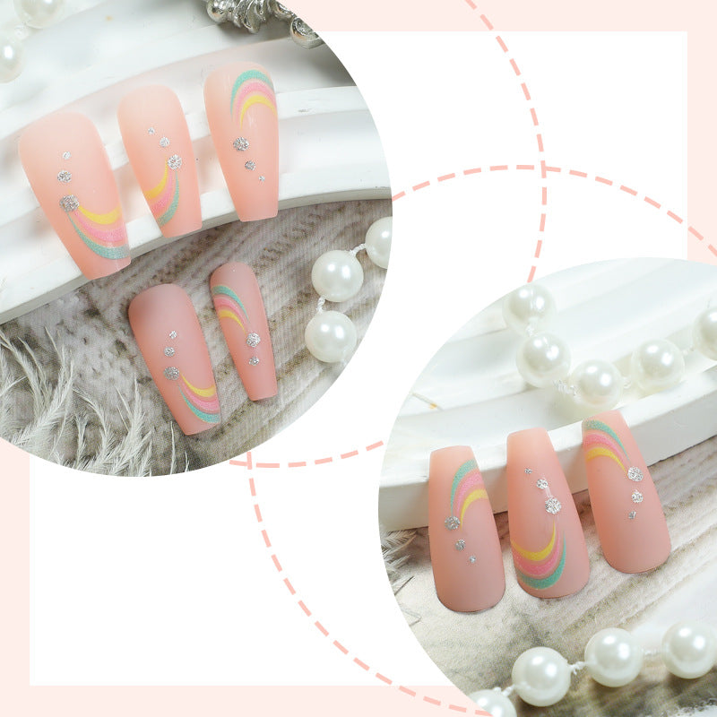 Artistic Press-On Nail Set with Colorful Wave Patterns Bowlift
