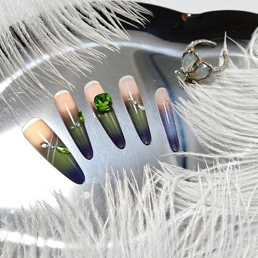 Artificial nails with elegant ombre design and rhinestone applications Bowlift