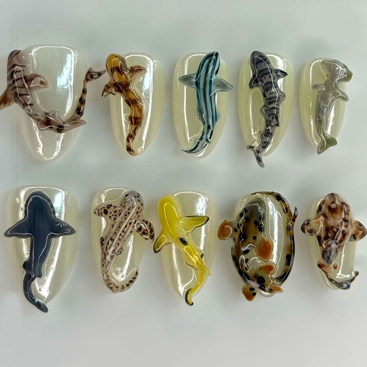 Artistic Shark-Themed Press-On Nail Art Bowlift