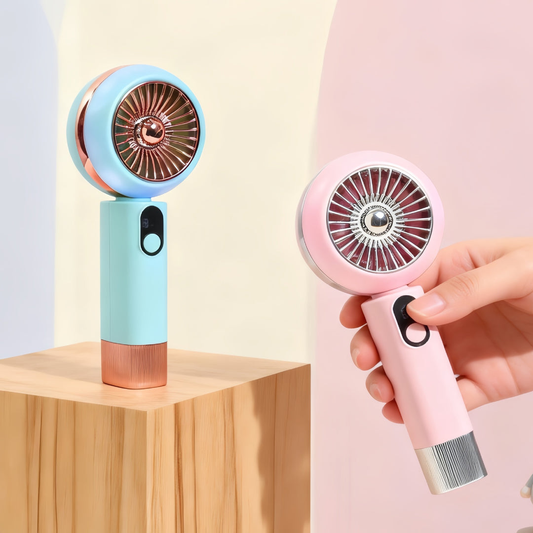 Portable handheld fan with LED light and digital display Bowlift