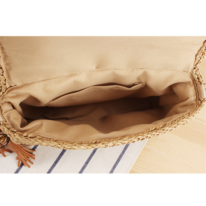 Woven Raffia Shoulder Bag with Decorative Shoulder Strap Bowlift