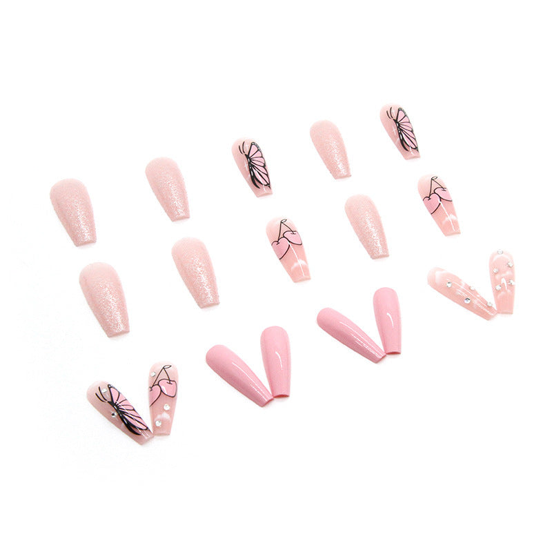 Artificial nail set with romantic butterfly designs and glitter accents Bowlift