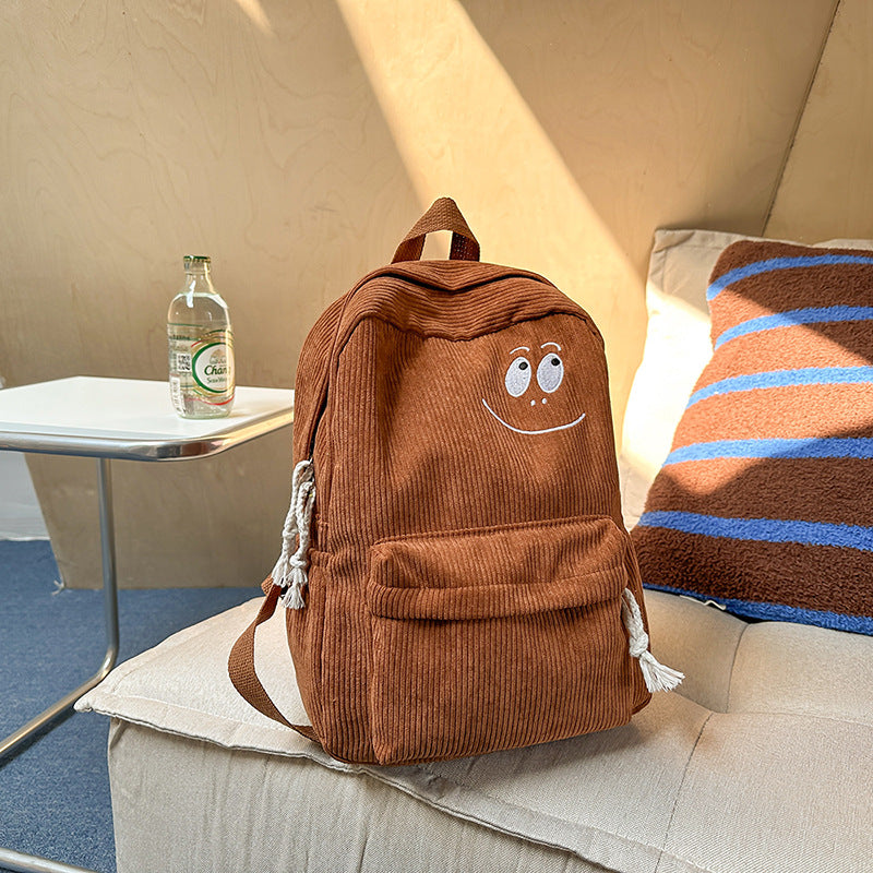 Adorable Corduroy Backpack with Embroidered Smile