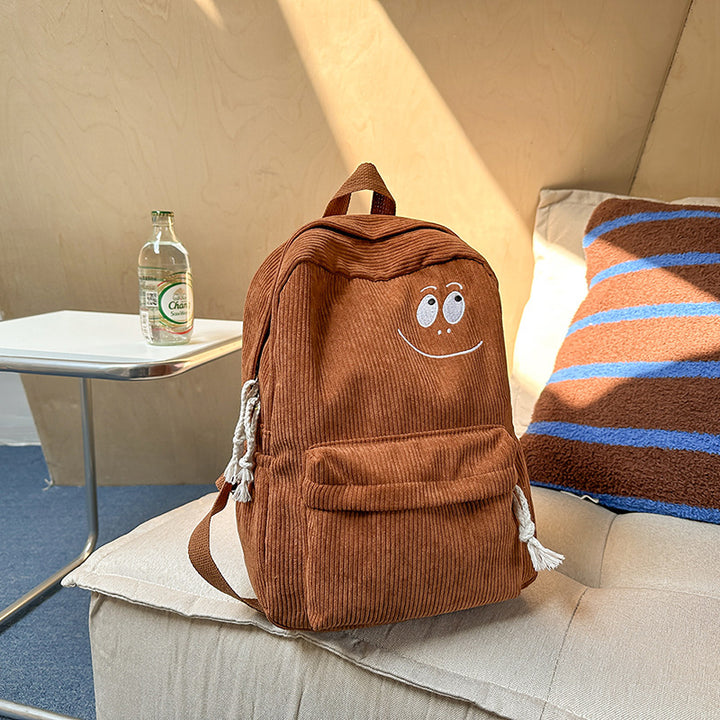 Adorable Corduroy Backpack with Embroidered Smile