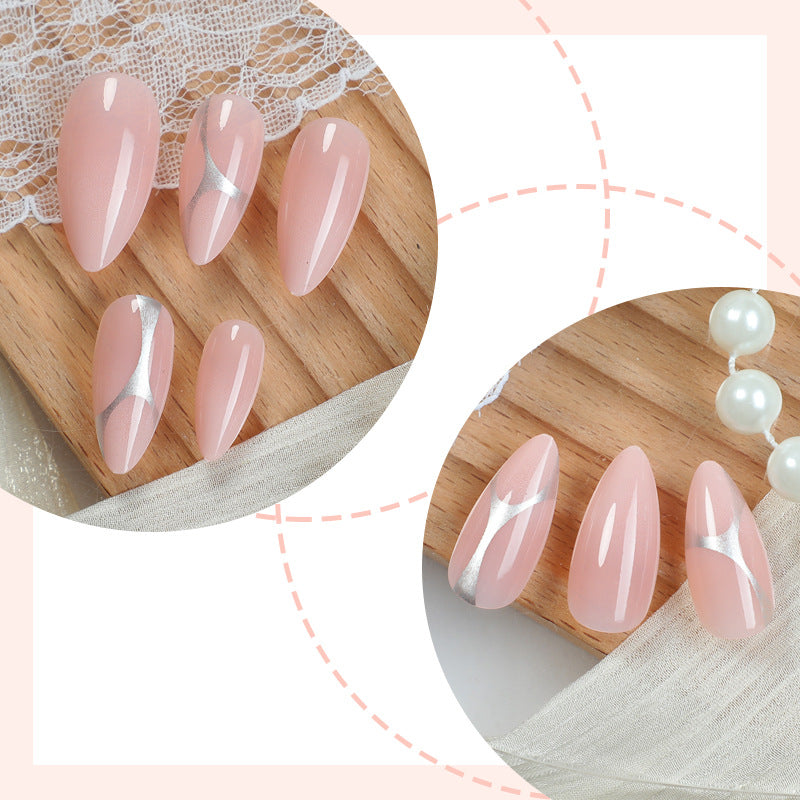 Elegant Press-On Nail Set with Artistic Silver Accents Bowlift