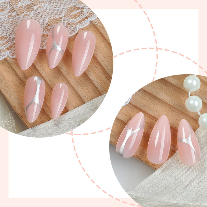 Elegant Press-On Nail Set with Artistic Silver Accents Bowlift