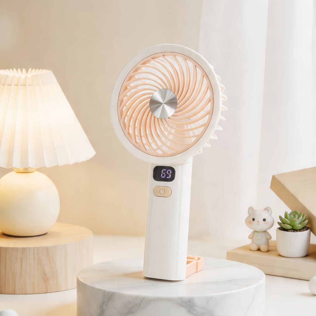Women's Portable Handheld Fan with Digital Temperature Display and Ergonomic Handle Bowlift