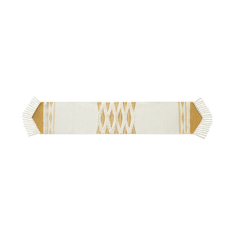 Handwoven cotton-linen table runner with fringes and textured decorative stripe