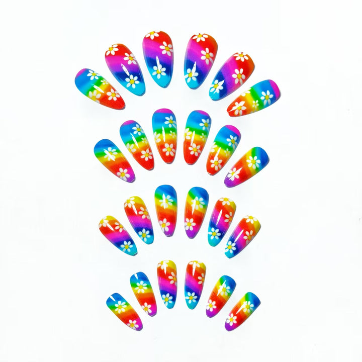 Creative Nail Art with Colorful Rainbow Design and Playful Flower Motifs Bowlift