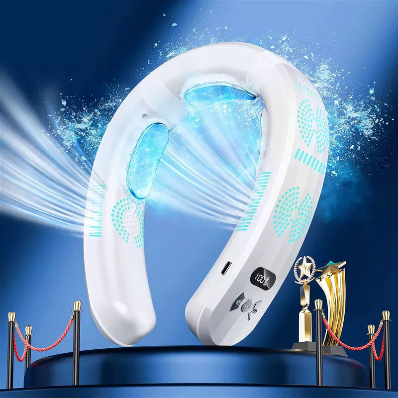 Unisex one size hands-free portable neck cooling fan with LED display and adjustable airflow Bowlift