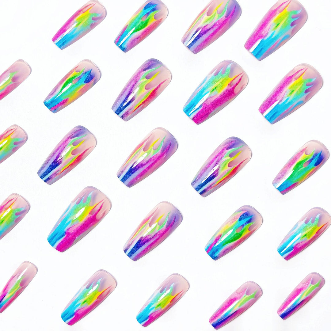 Creative Acrylic Nails with Shimmering Flame Design Bowlift