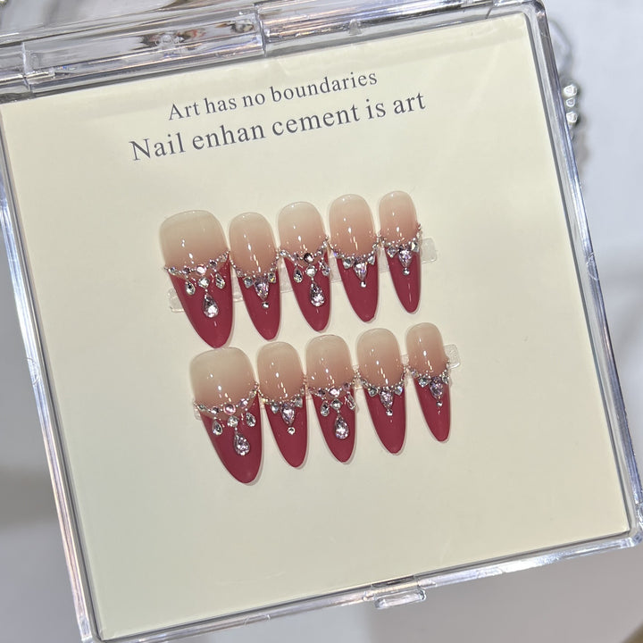 Luxurious Press-On Nail Art Set with Rhinestone Detailing Bowlift