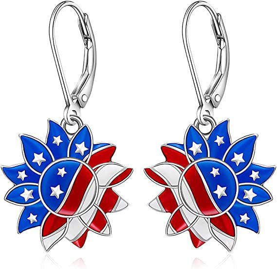 Women's nan patriotic peace sign enamel dangle earrings with leverback clasp and hypoallergenic plating Bowlift