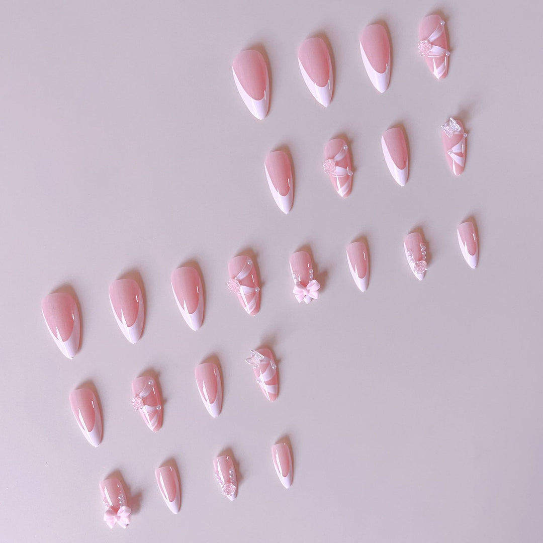 Artificial nail set with romantic 3D flower and bow decorations Bowlift