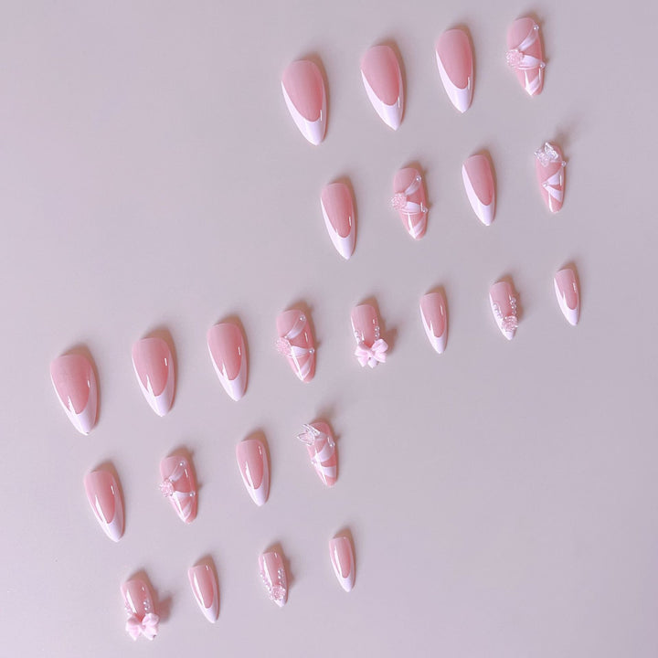Artificial nail set with romantic 3D flower and bow decorations Bowlift