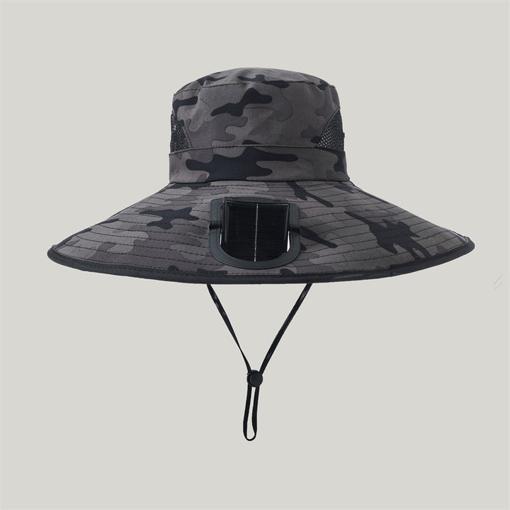 Wide-brimmed outdoor sun hat with solar-powered micro fan, breathable mesh and adjustable chin strap Bowlift