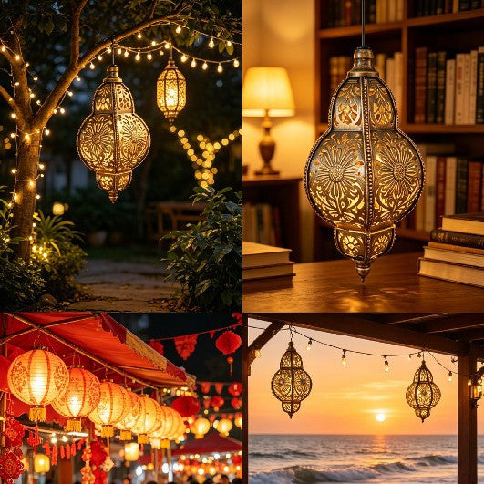 Ornate Moroccan Cutout Metal Hanging Pendant Light With Decorative Shadow Projection And Ceiling Canopy Bowlift