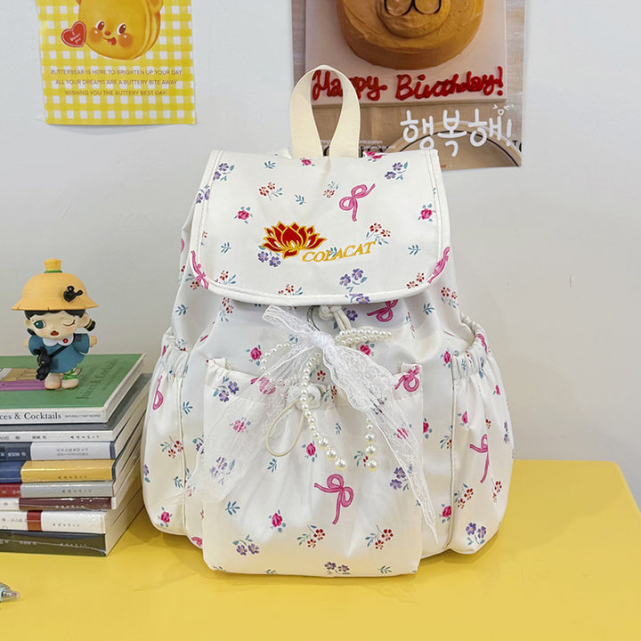 Floral-Embellished Drawstring Backpack Bowlift