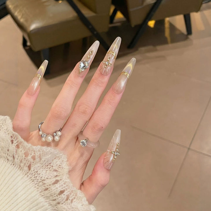 Premium Stiletto Press-On Nail Art Set with Gemstone Accents Bowlift