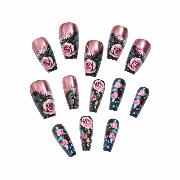 Artificial nails with floral rose pattern Bowlift