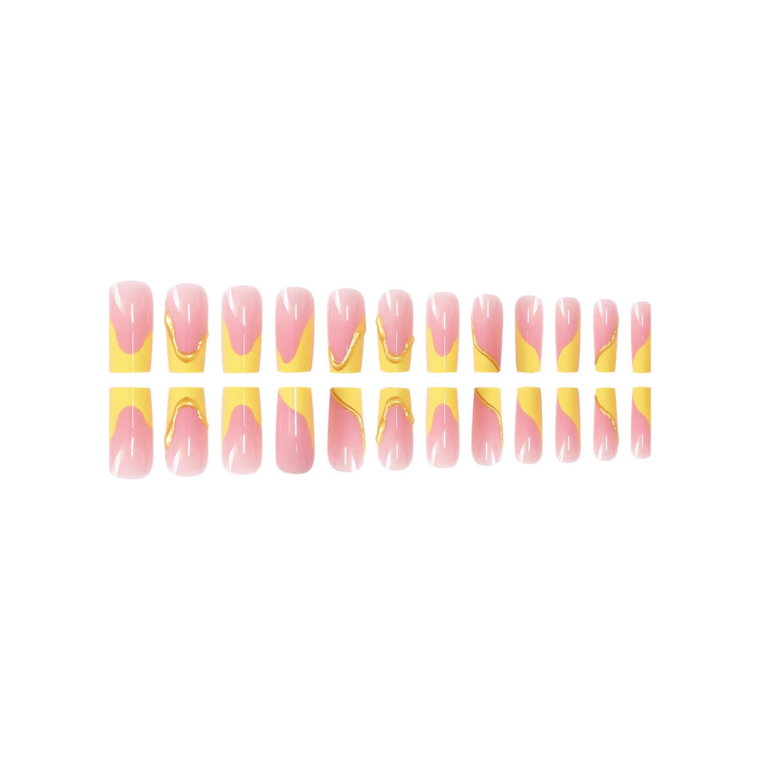 Elegant Acrylic French Tip Press-On Nails with Gold Detailing Bowlift
