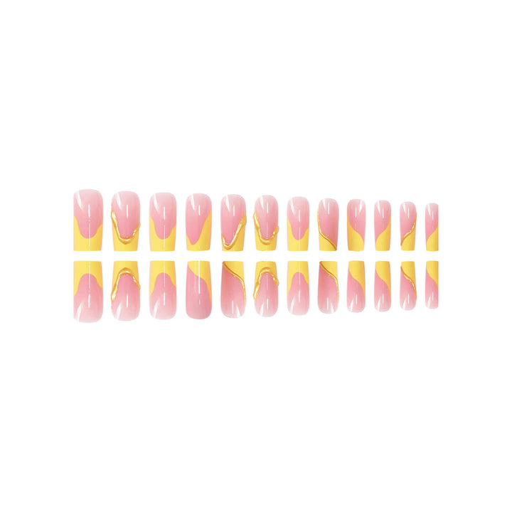 Elegant Acrylic French Tip Press-On Nails with Gold Detailing Bowlift