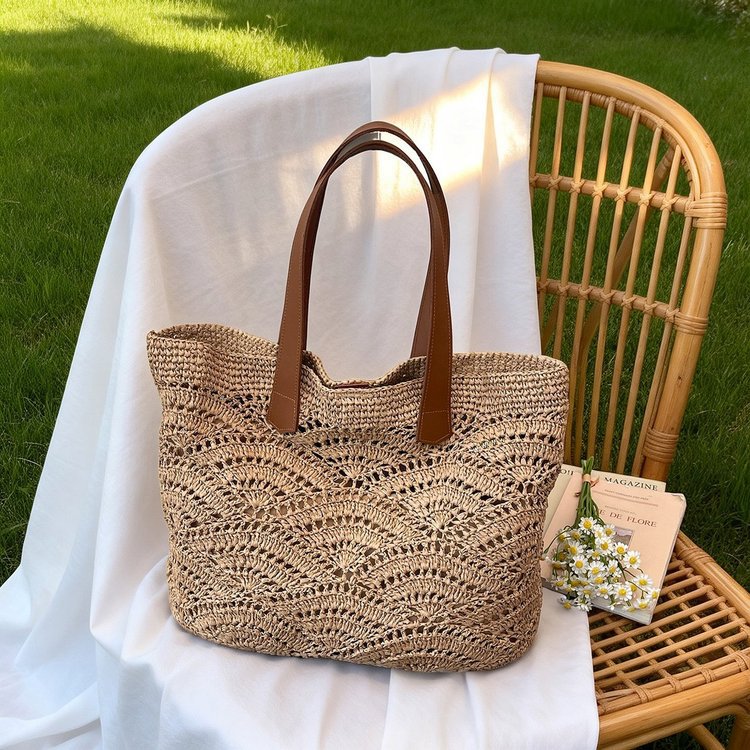 Macrame Shopping Bag with Elegant Leather Handles Bowlift