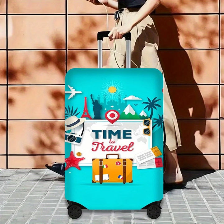 Unisex nan elastic motive suitcase protection in retro travel poster design with zipper and anti-slip attachment for spinner trolleys Bowlift