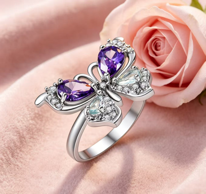 Butterfly Statement Ring With Pear And Marquise Cut Cubic Zirconia And Rhodium Plated Band