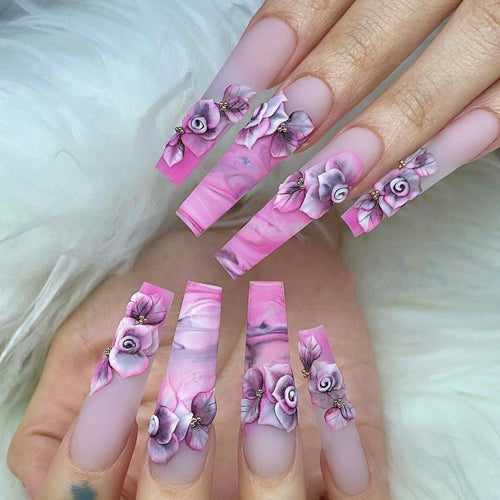 Artistic Nail Tips with Floral Design Bowlift