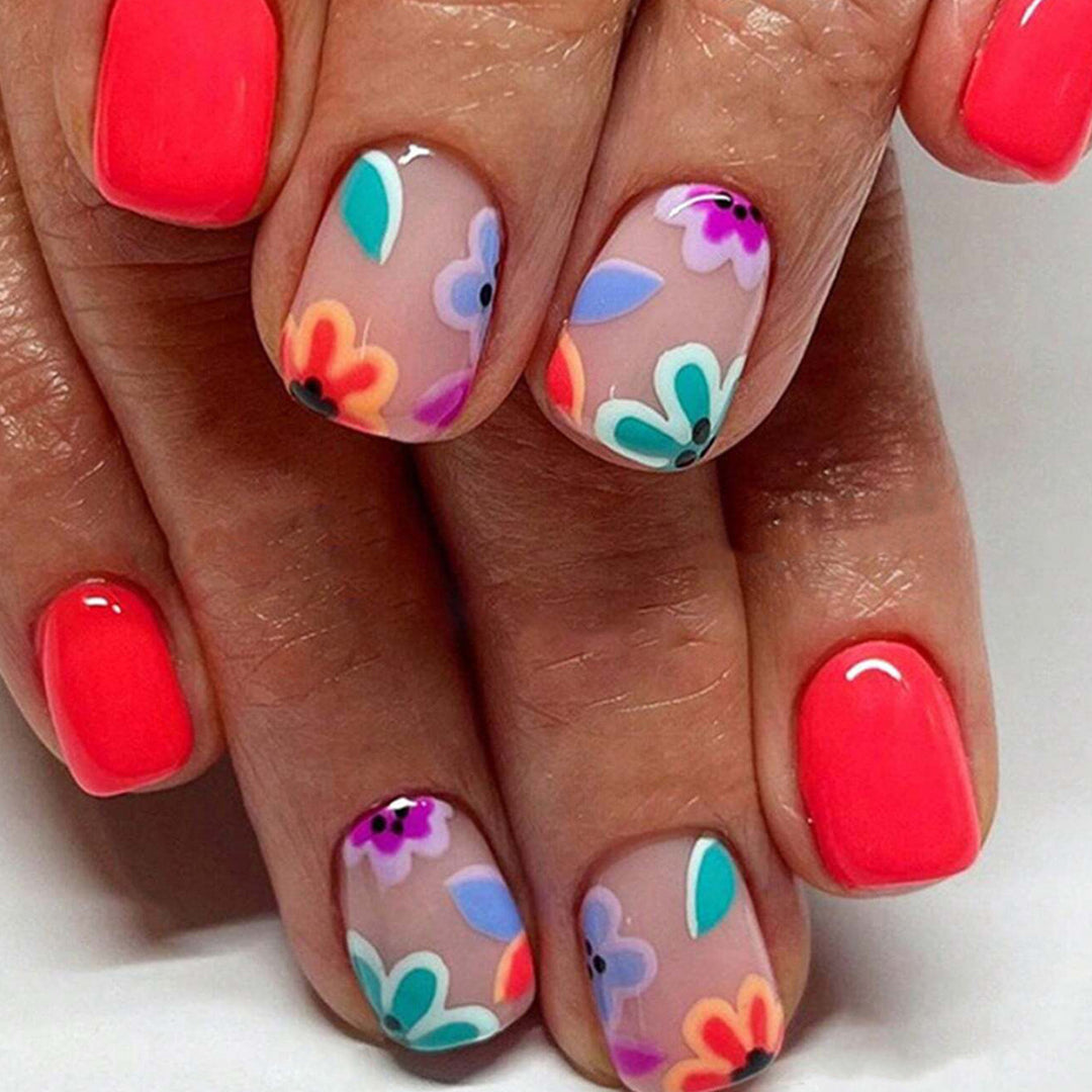 Artificial Nail Set with Colorful Flower Patterns Bowlift
