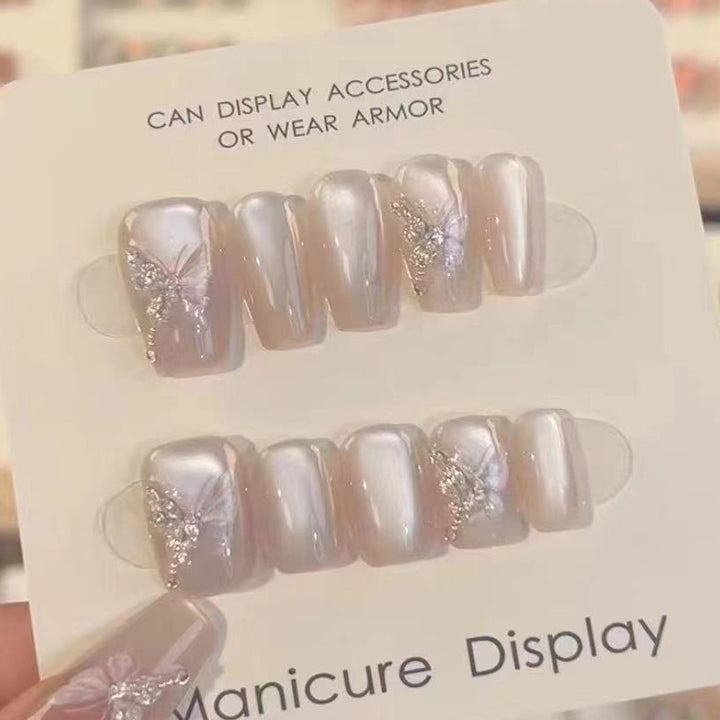 Stylish Press-On Nail Art Set with Elegant Butterfly and Gem Accents Bowlift