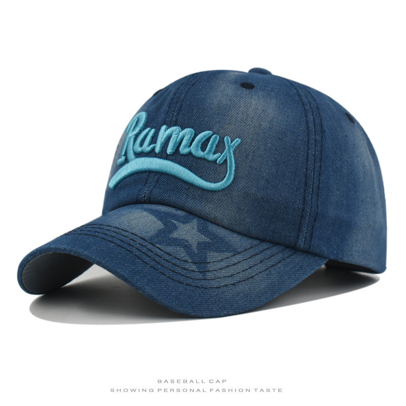 Men's Distressed Denim Embroidered Baseball Cap Bowlift