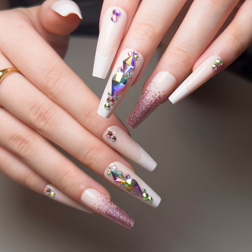 Artful Nail Extensions with Glitter and Rhinestone Accents Bowlift
