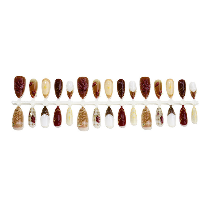 Premium Decorative Press-On Nail Set with Artistic Floral Accents Bowlift