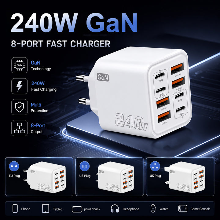 GaN high-speed USB-C and USB-A multiport travel charger with foldable UK plug Bowlift