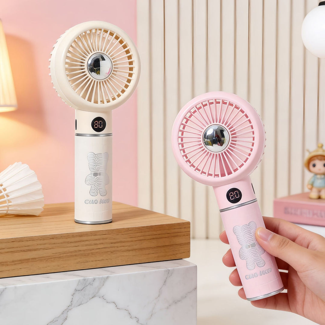 Ladies Portable Mini Hand Fan with Digital Temperature Display and Cute Bear Design Bowlift